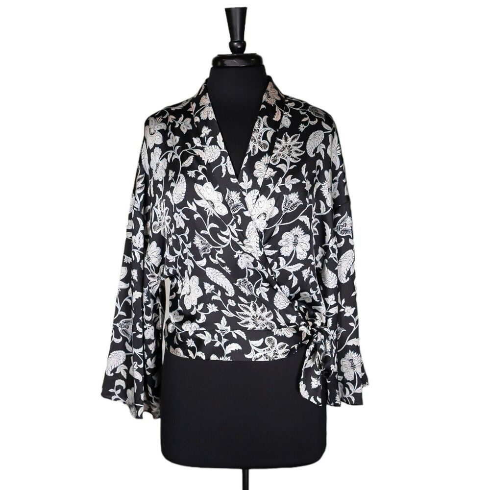 Zara Women's Blouse Black Floral V-Neck Wrap Side Tie Bell Sleeve Shirt Top M